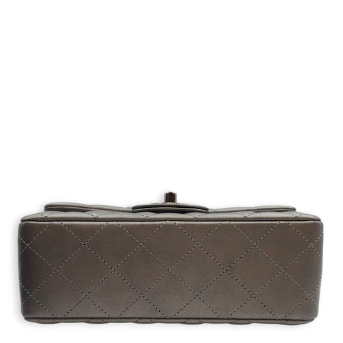 Quilted Rectangular Mini Grey Flap Bag in Lambskin, Silver hardware