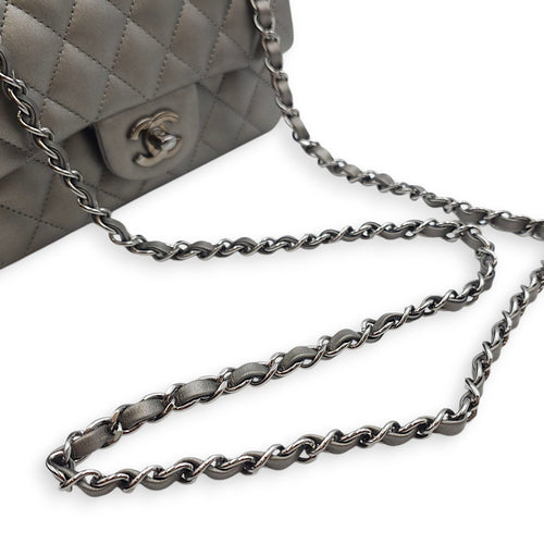 Quilted Rectangular Mini Grey Flap Bag in Lambskin, Silver hardware
