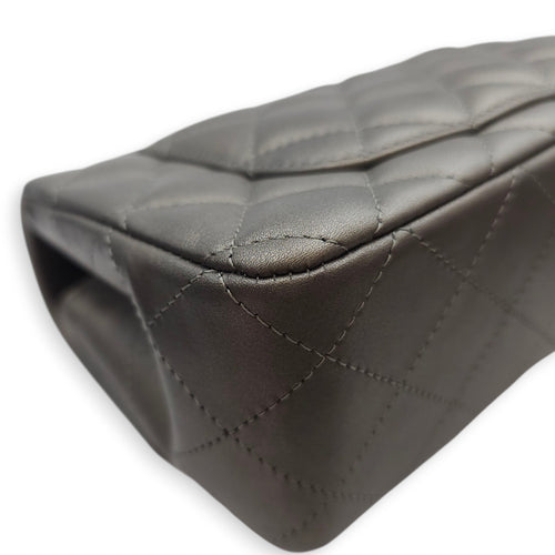 Quilted Rectangular Mini Grey Flap Bag in Lambskin, Silver hardware