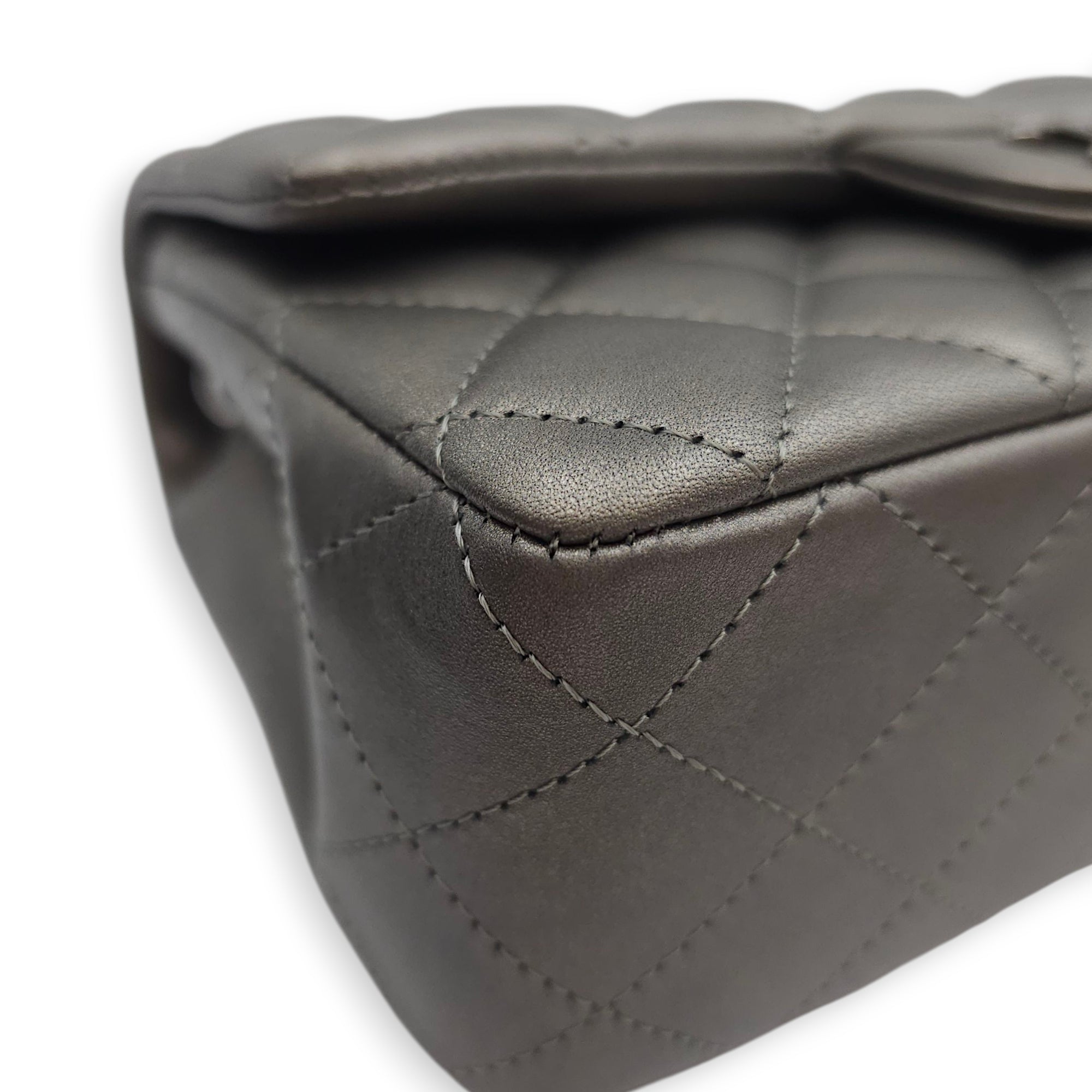 Quilted Rectangular Mini Grey Flap Bag in Lambskin, Silver hardware
