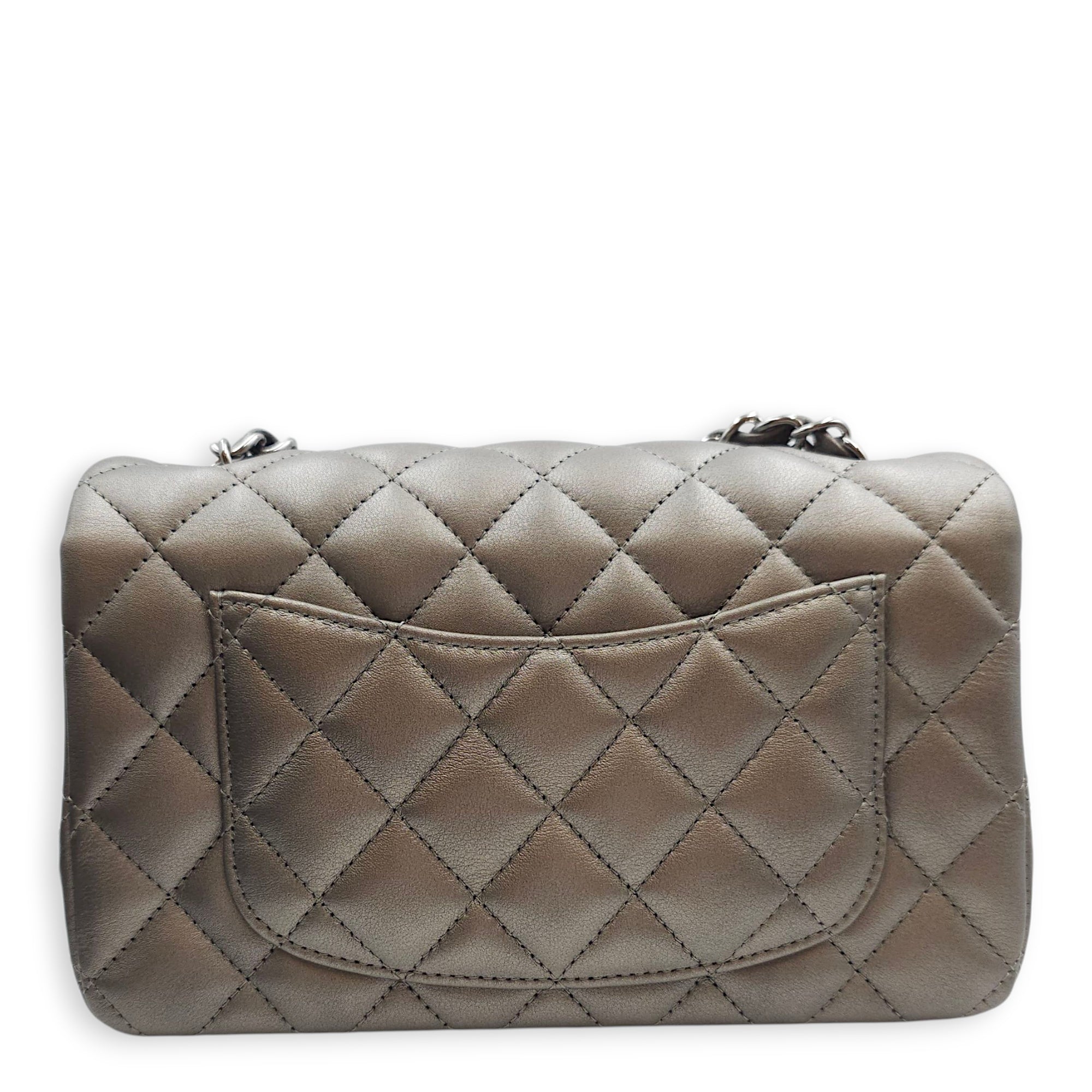 Quilted Rectangular Mini Grey Flap Bag in Lambskin, Silver hardware