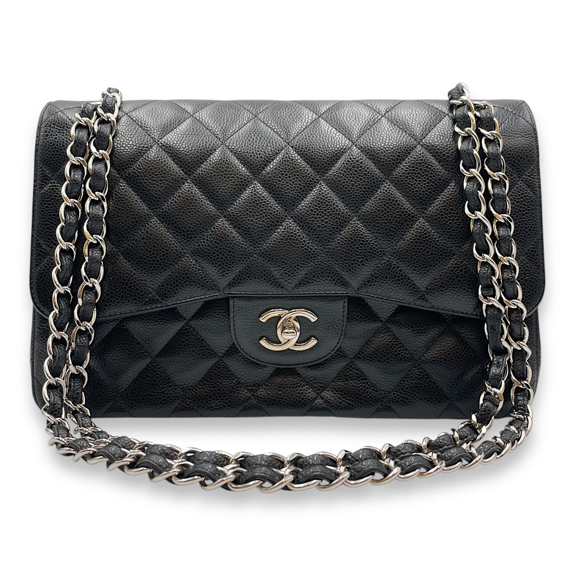 Quilted CC Jumbo Black Double Flap Bag in Caviar Leather, Silver hardware