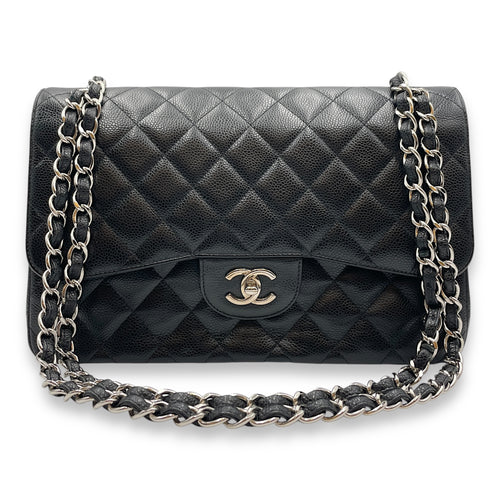 Quilted CC Jumbo Black Double Flap Bag in Caviar Leather, Silver hardware