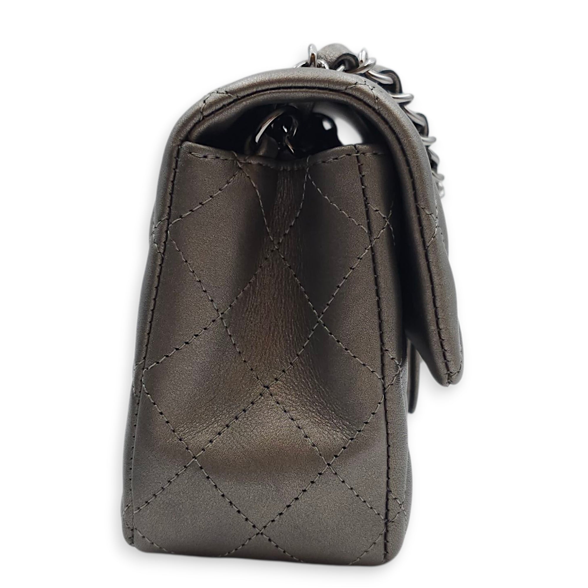 Quilted Rectangular Mini Grey Flap Bag in Lambskin, Silver hardware