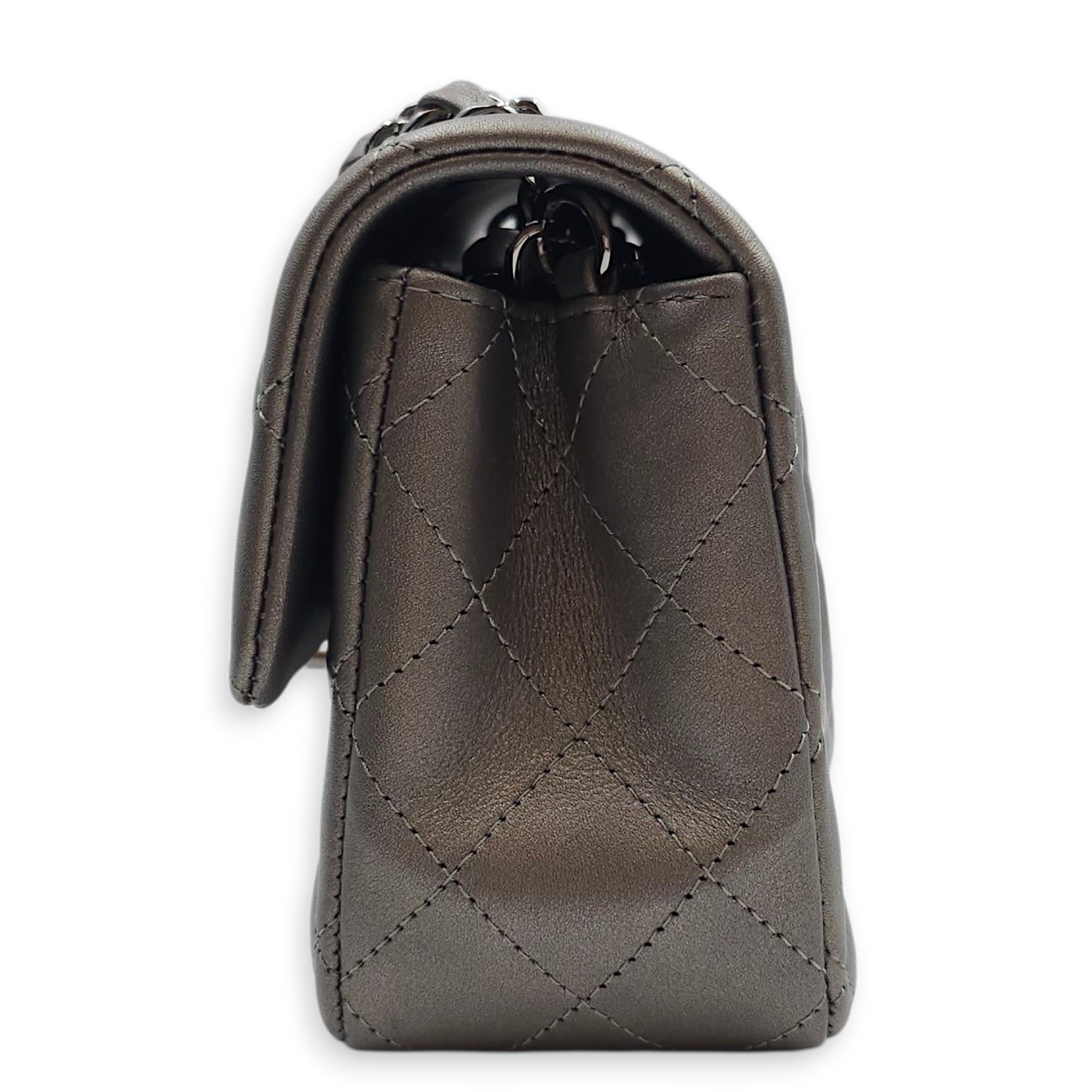 Quilted Rectangular Mini Grey Flap Bag in Lambskin, Silver hardware