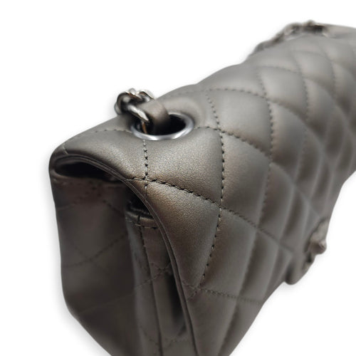 Quilted Rectangular Mini Grey Flap Bag in Lambskin, Silver hardware