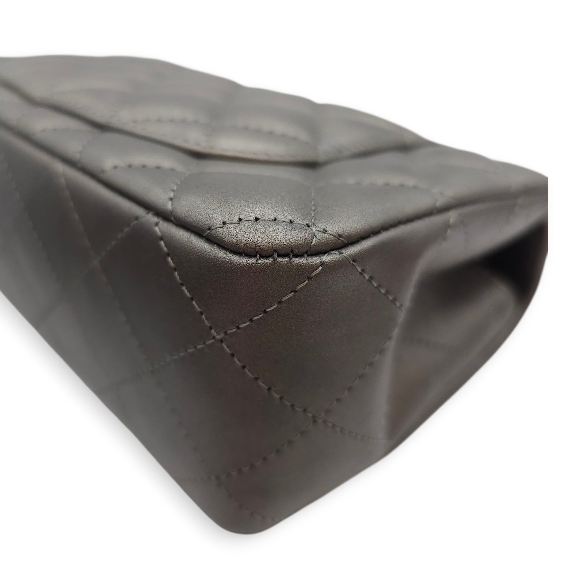 Quilted Rectangular Mini Grey Flap Bag in Lambskin, Silver hardware