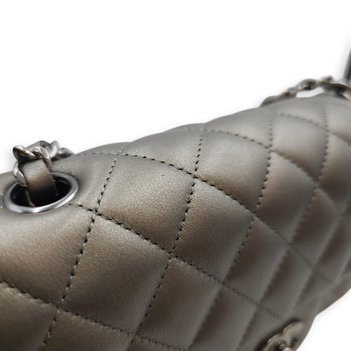 Quilted Rectangular Mini Grey Flap Bag in Lambskin, Silver hardware