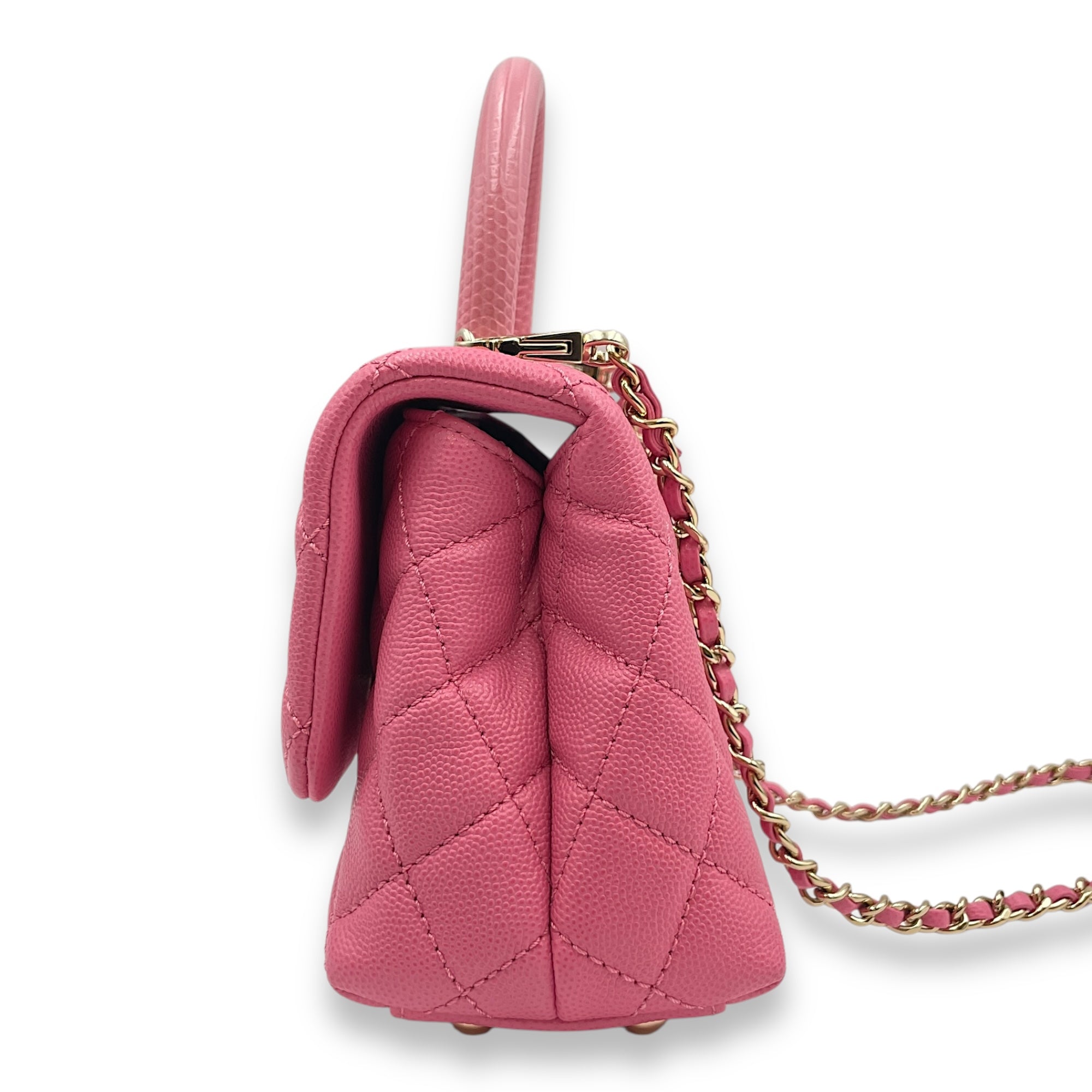 Coco Handle Mini Pink Shoulder Bag in Caviar Leather, Gold hardware