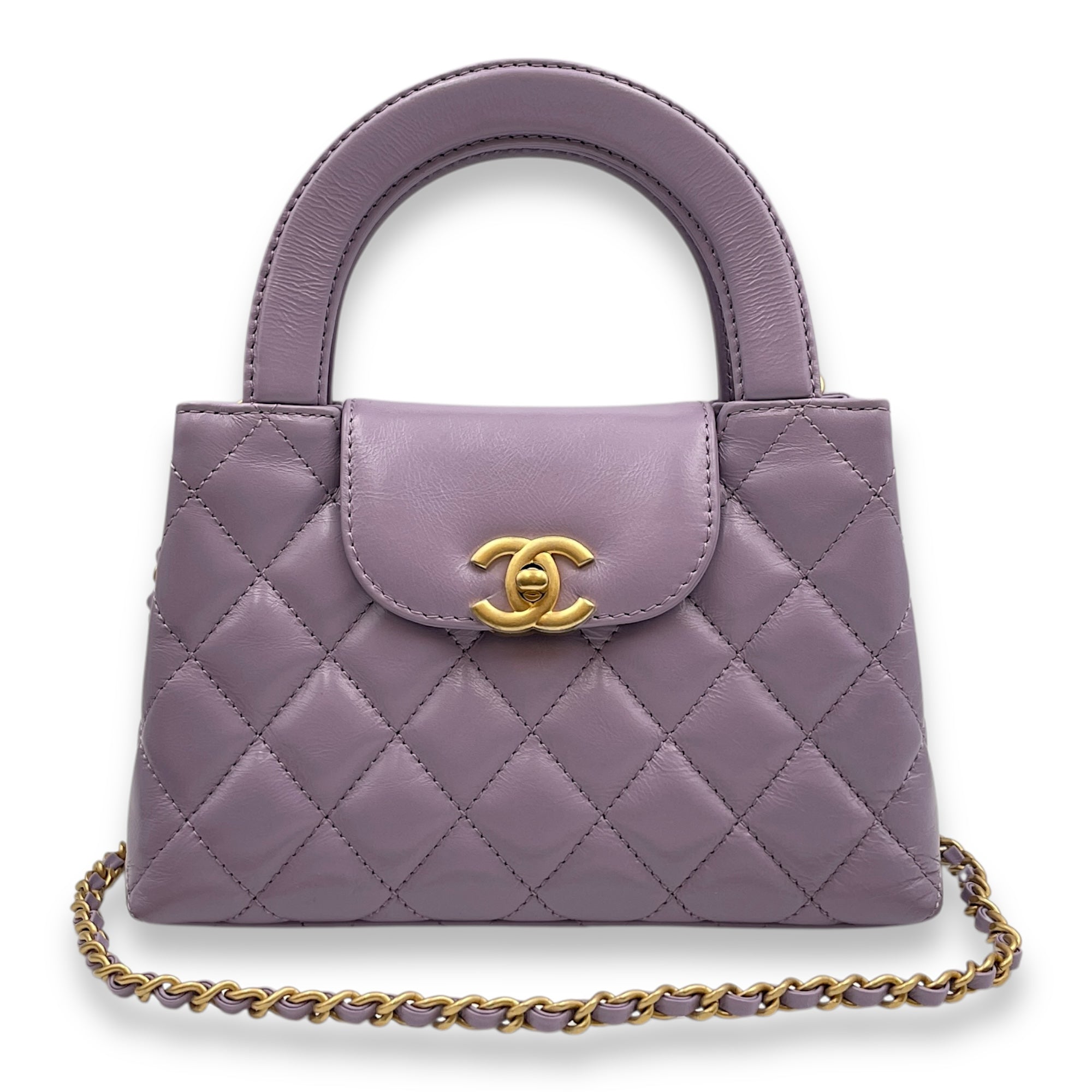 Kelly Mini Lilac Top Handle Bag in Lambskin, Brushed Gold hardware