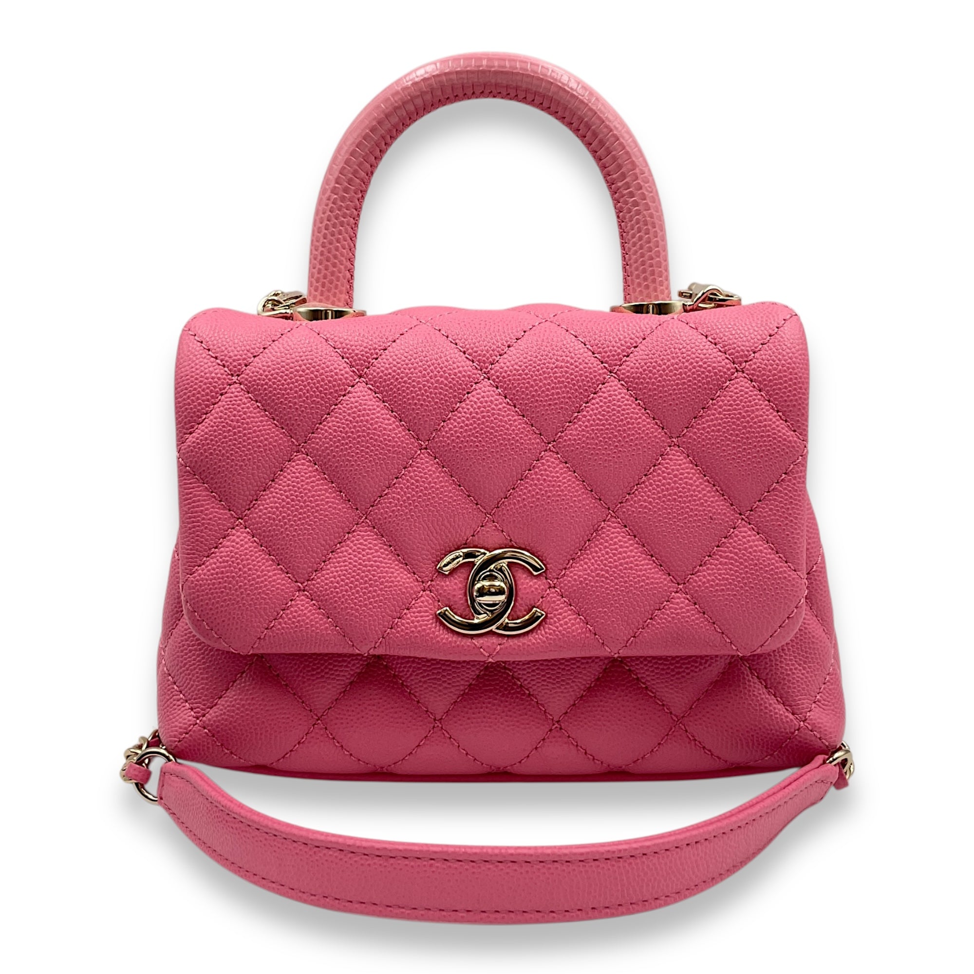 Coco Handle Mini Pink Shoulder Bag in Caviar Leather, Gold hardware