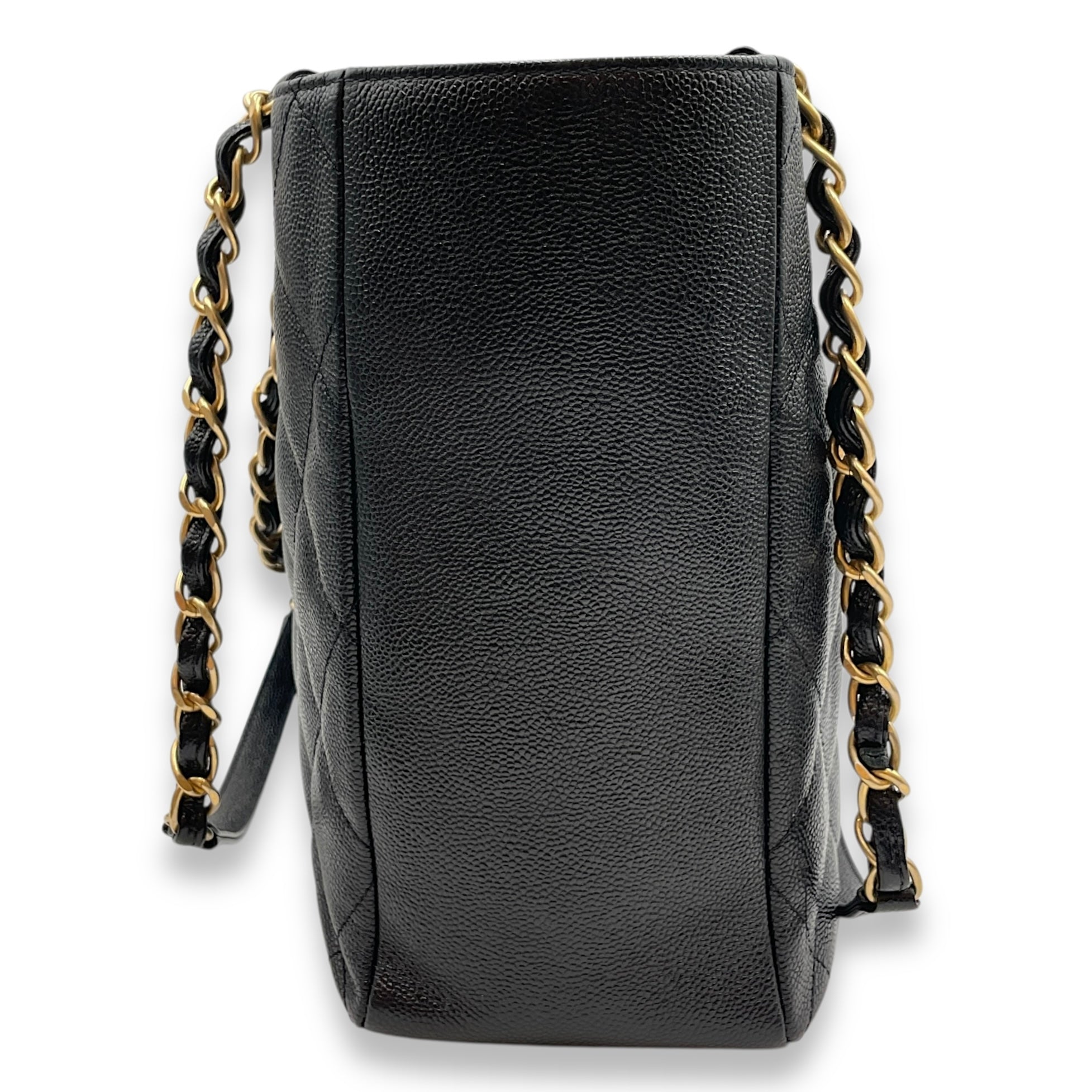 Quilted CC Black Tote Bag in Caviar Leather, Gold hardware