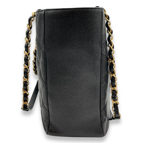 Quilted CC Black Tote Bag in Caviar Leather, Gold hardware