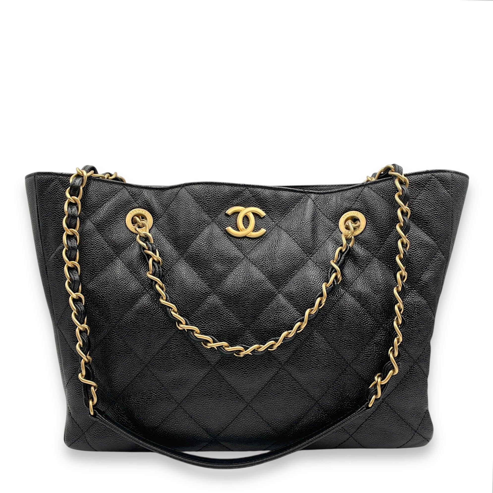 Quilted CC Black Tote Bag in Caviar Leather, Gold hardware