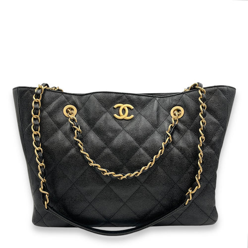 Quilted CC Black Tote Bag in Caviar Leather, Gold hardware