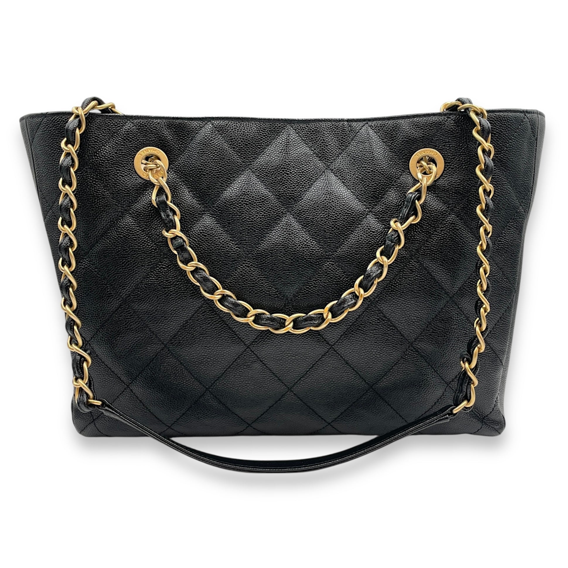 Quilted CC Black Tote Bag in Caviar Leather, Gold hardware