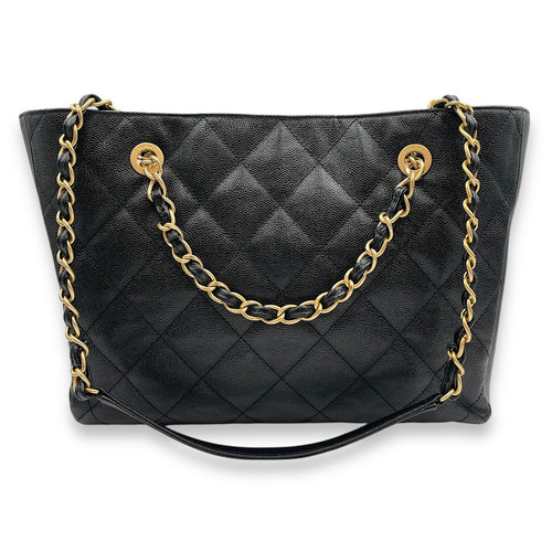 Quilted CC Black Tote Bag in Caviar Leather, Gold hardware