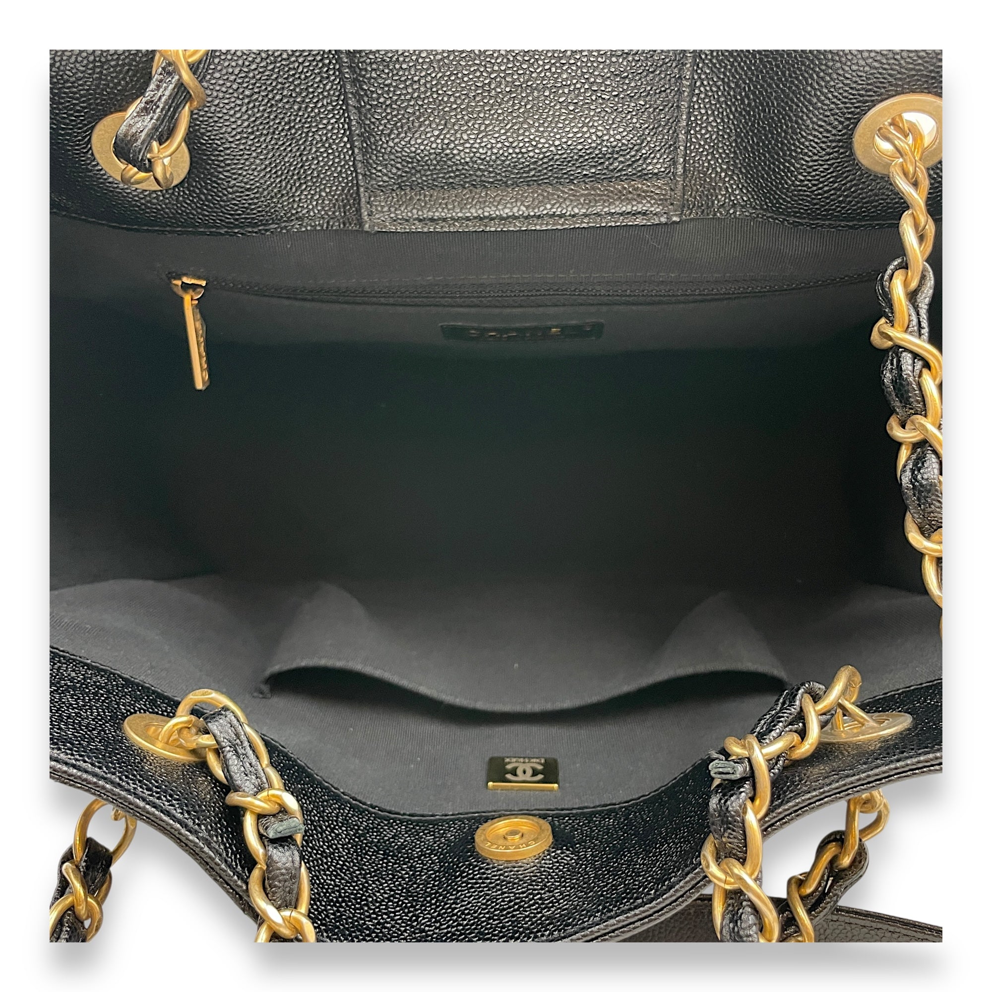 Quilted CC Black Tote Bag in Caviar Leather, Gold hardware