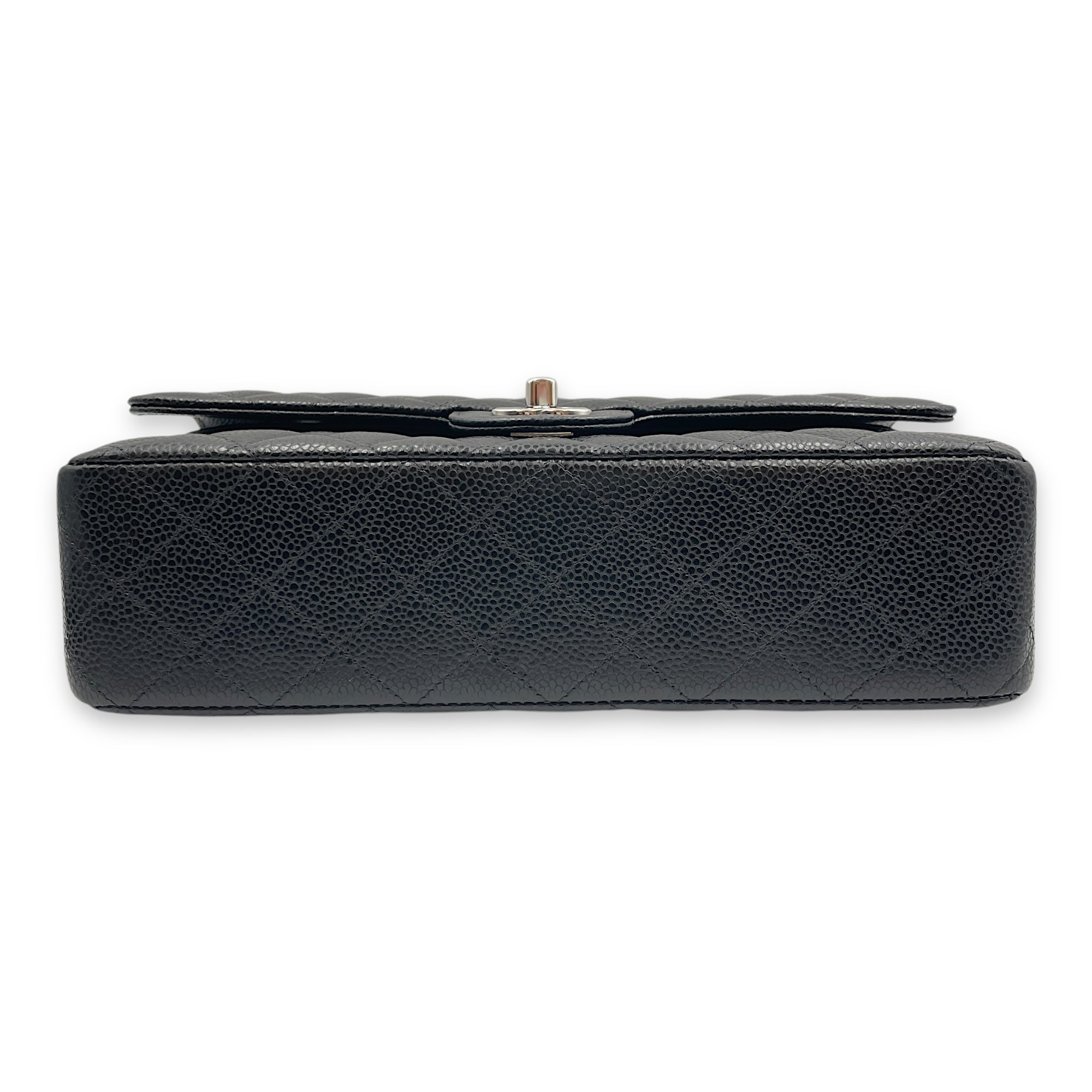 Quilted CC Classic Medium Black Double Flap Bag in Caviar Leather, Silver hardware