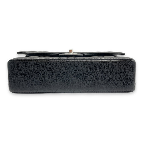 Quilted CC Classic Medium Black Double Flap Bag in Caviar Leather, Silver hardware