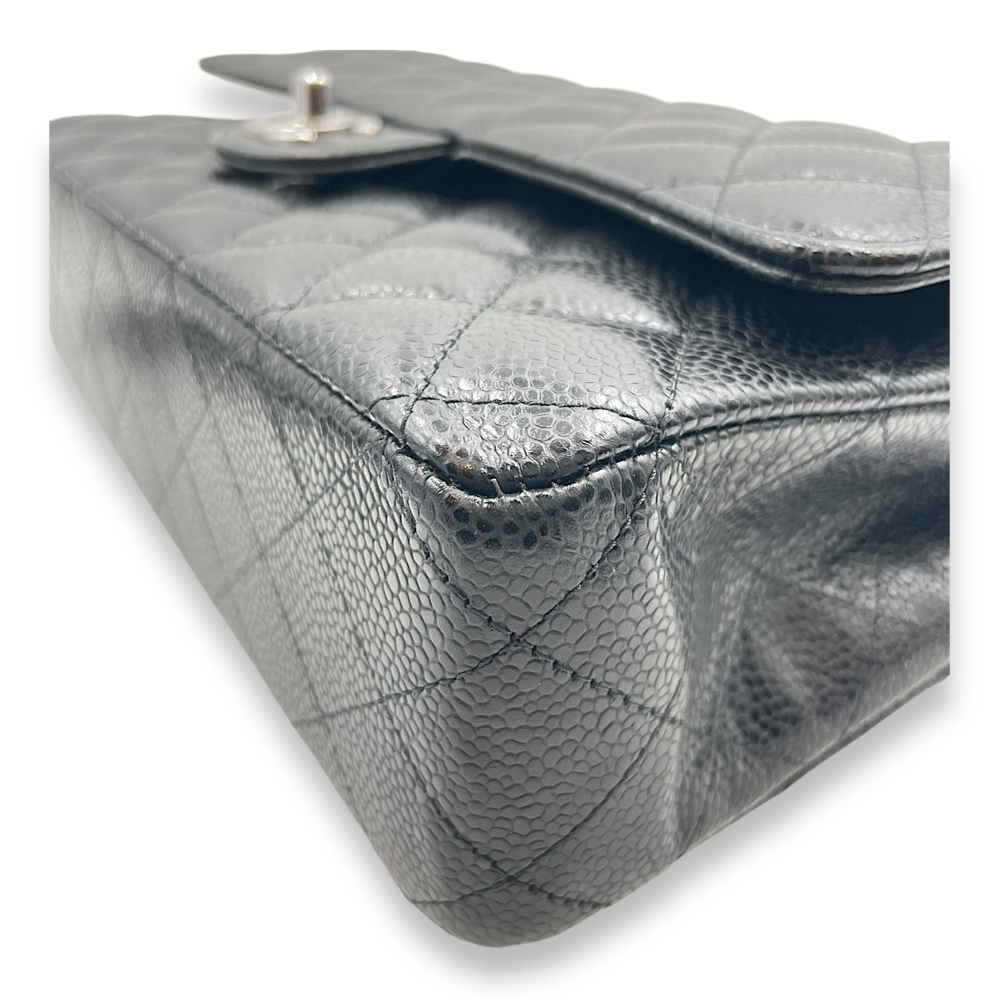 Quilted CC Classic Medium Black Double Flap Bag in Caviar Leather, Silver hardware