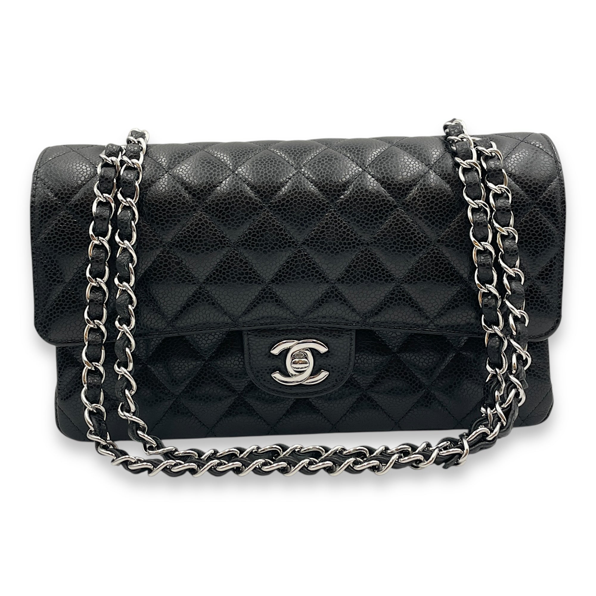 Quilted CC Classic Medium Black Double Flap Bag in Caviar Leather, Silver hardware