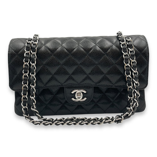 Quilted CC Classic Medium Black Double Flap Bag in Caviar Leather, Silver hardware