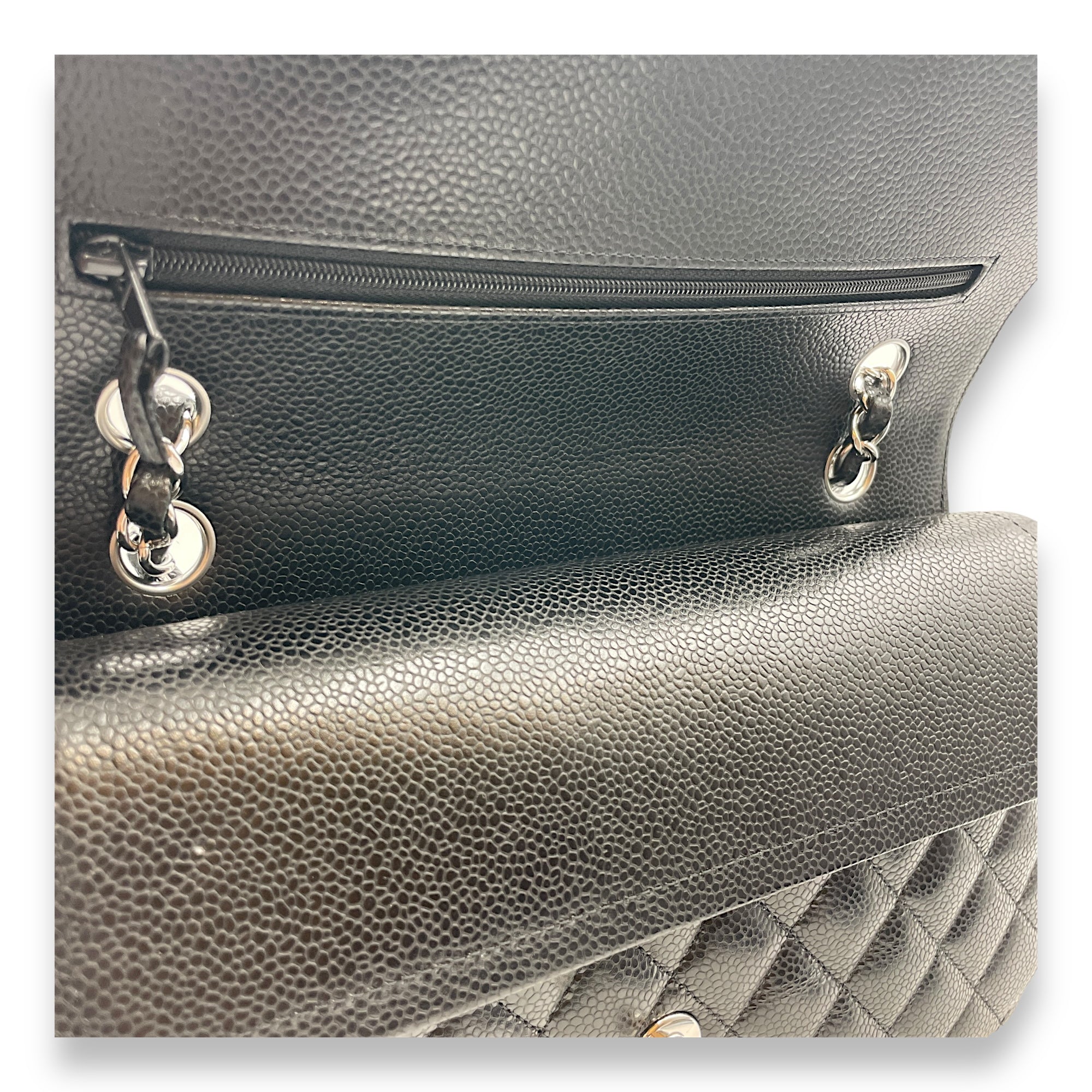 Quilted CC Classic Medium Black Double Flap Bag in Caviar Leather, Silver hardware