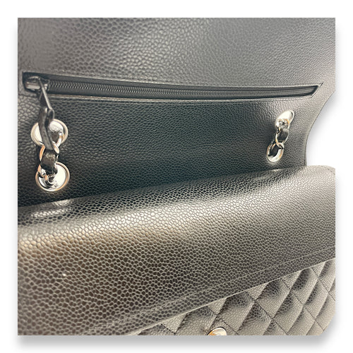 Quilted CC Classic Medium Black Double Flap Bag in Caviar Leather, Silver hardware