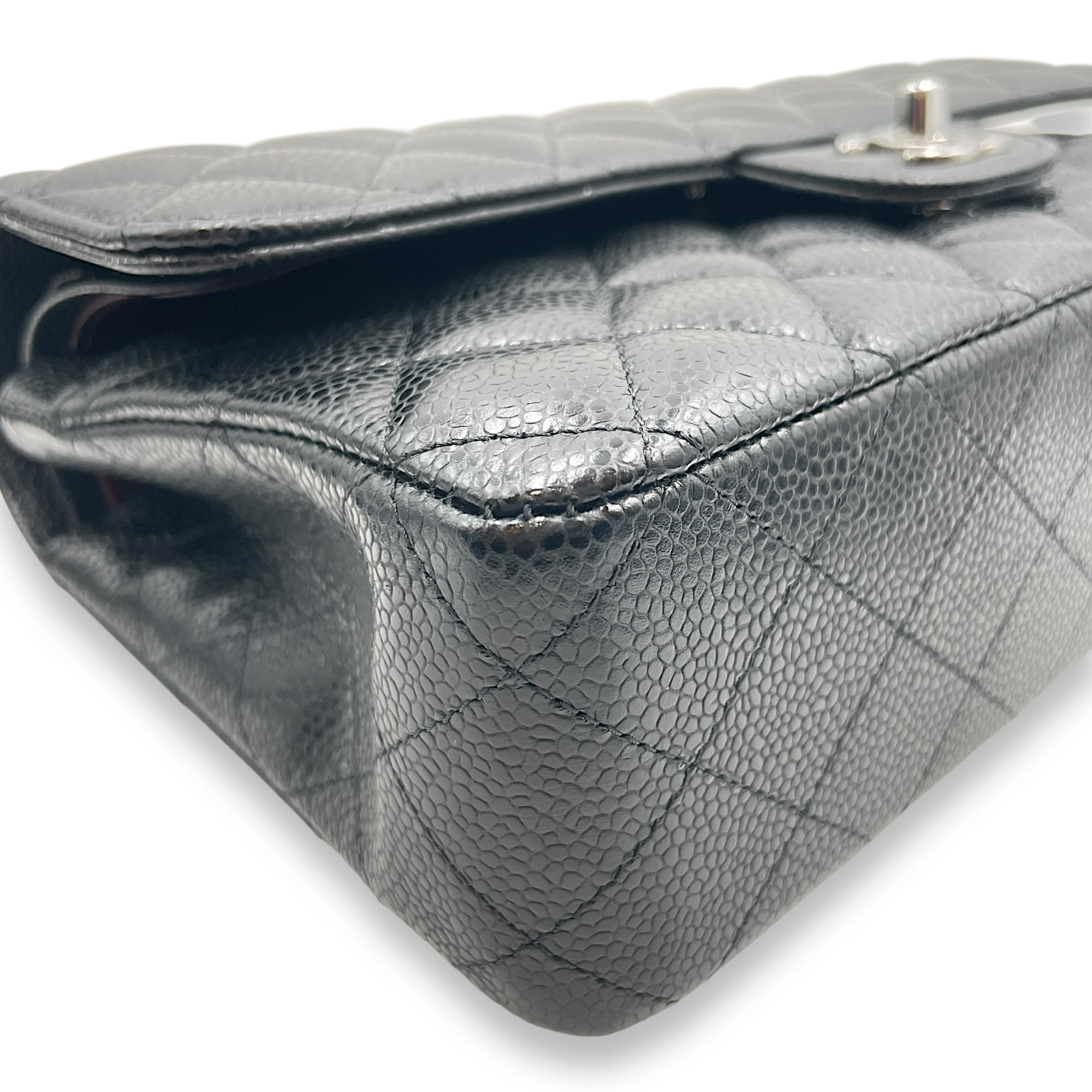 Quilted CC Classic Medium Black Double Flap Bag in Caviar Leather, Silver hardware