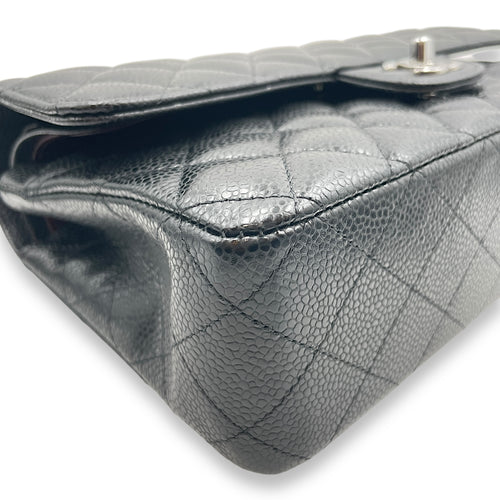 Quilted CC Classic Medium Black Double Flap Bag in Caviar Leather, Silver hardware