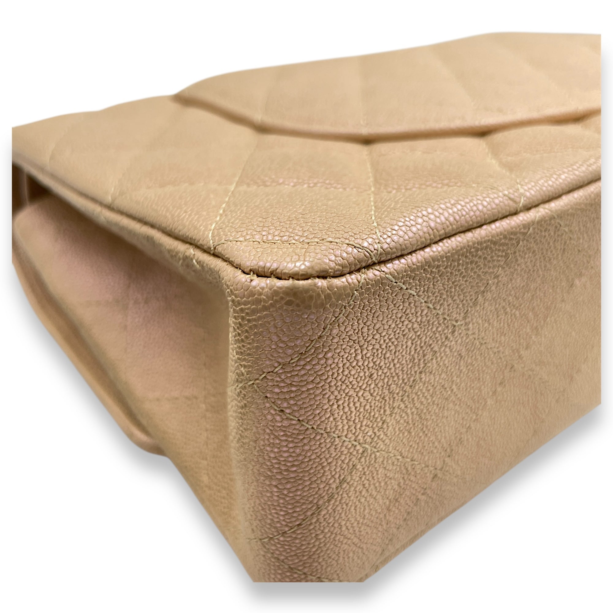 Quilted CC Classic Medium Pearly Beige Double Flap Bag in Caviar Leather, Gold hardware