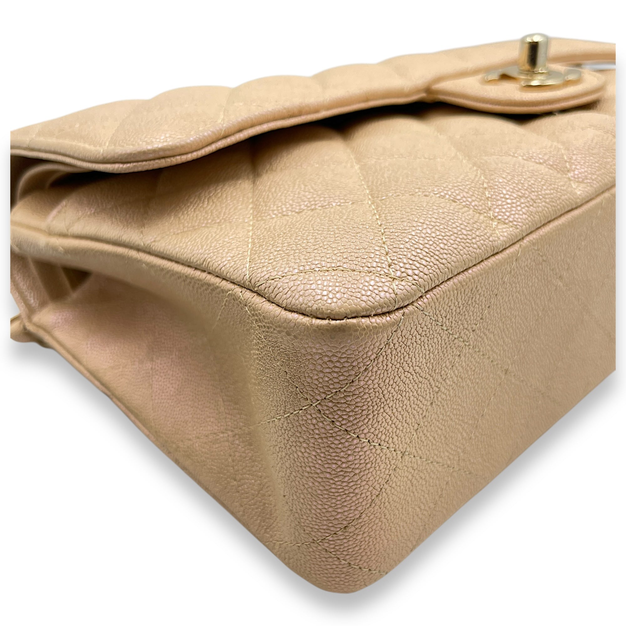 Quilted CC Classic Medium Pearly Beige Double Flap Bag in Caviar Leather, Gold hardware