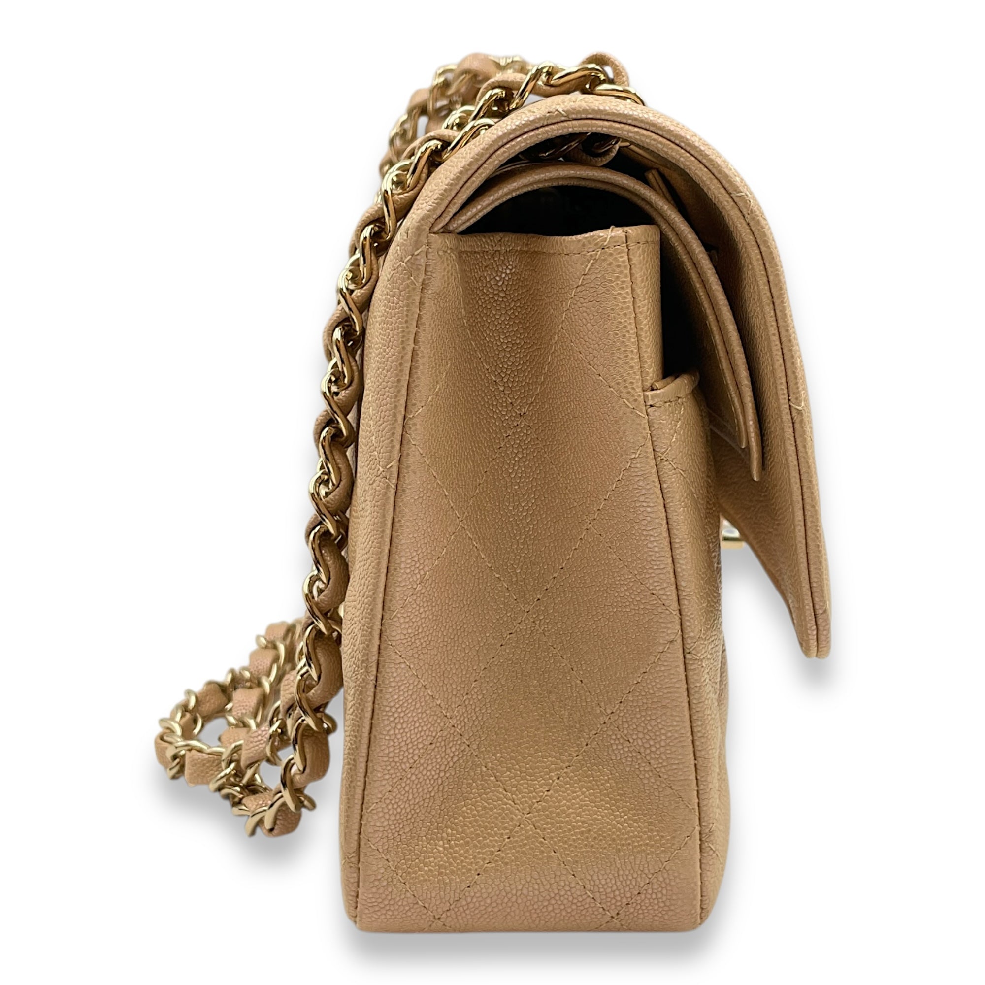 Quilted CC Classic Medium Pearly Beige Double Flap Bag in Caviar Leather, Gold hardware