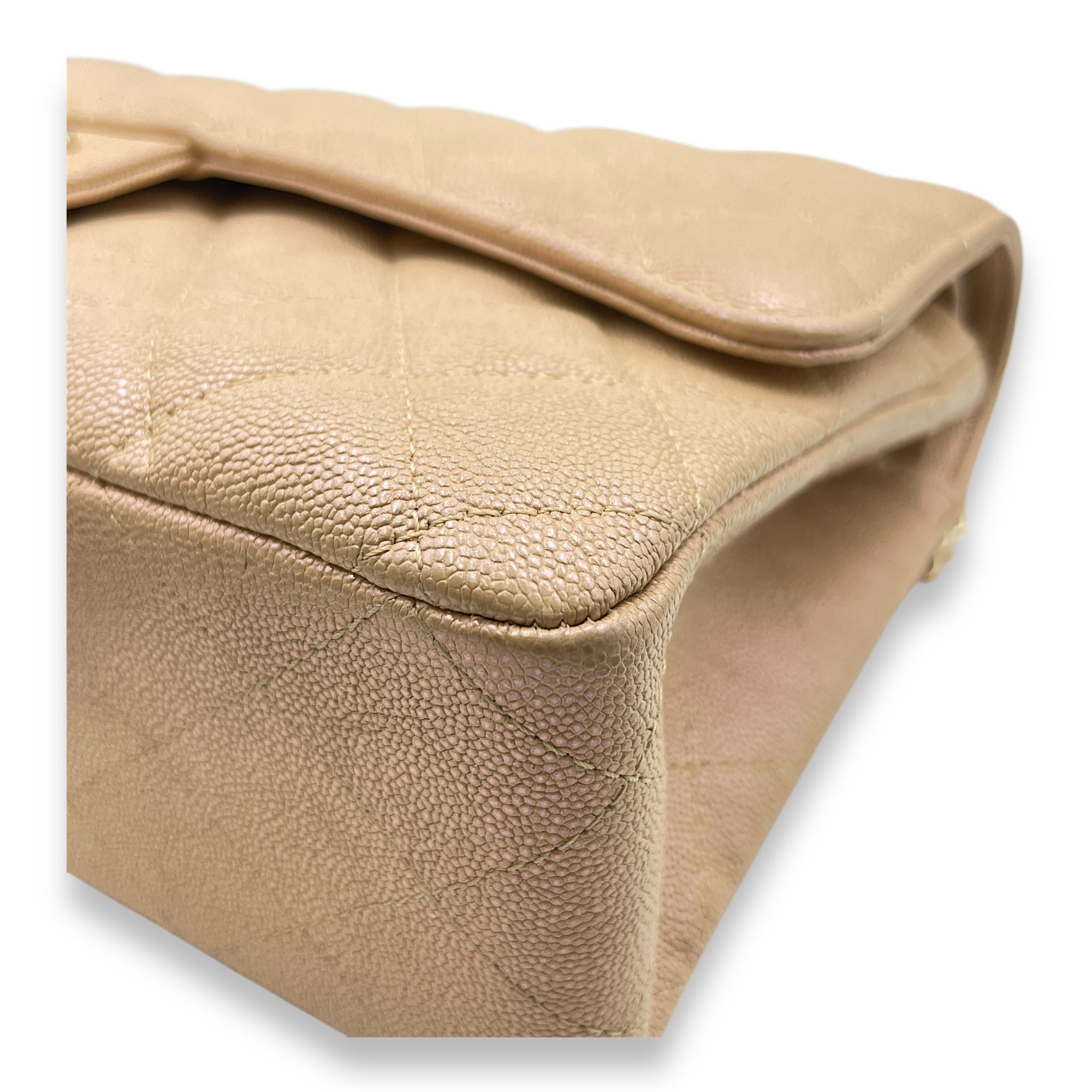 Quilted CC Classic Medium Pearly Beige Double Flap Bag in Caviar Leather, Gold hardware