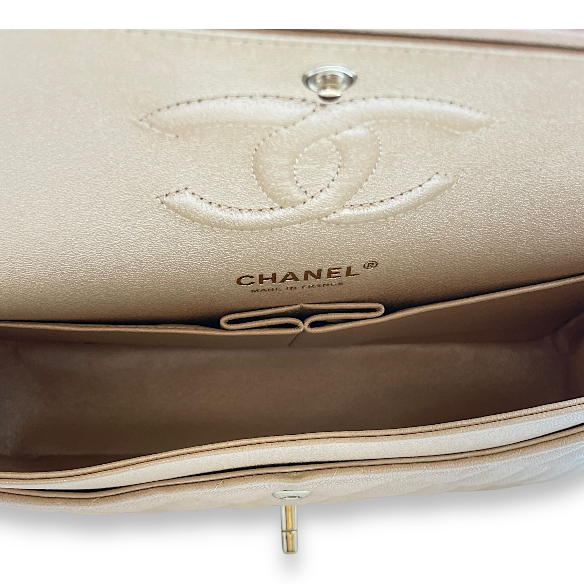Quilted CC Classic Medium Pearly Beige Double Flap Bag in Caviar Leather, Gold hardware