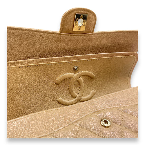 Quilted CC Classic Medium Pearly Beige Double Flap Bag in Caviar Leather, Gold hardware