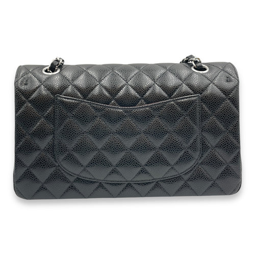 Quilted CC Classic Medium Black Double Flap Bag in Caviar Leather, Silver hardware