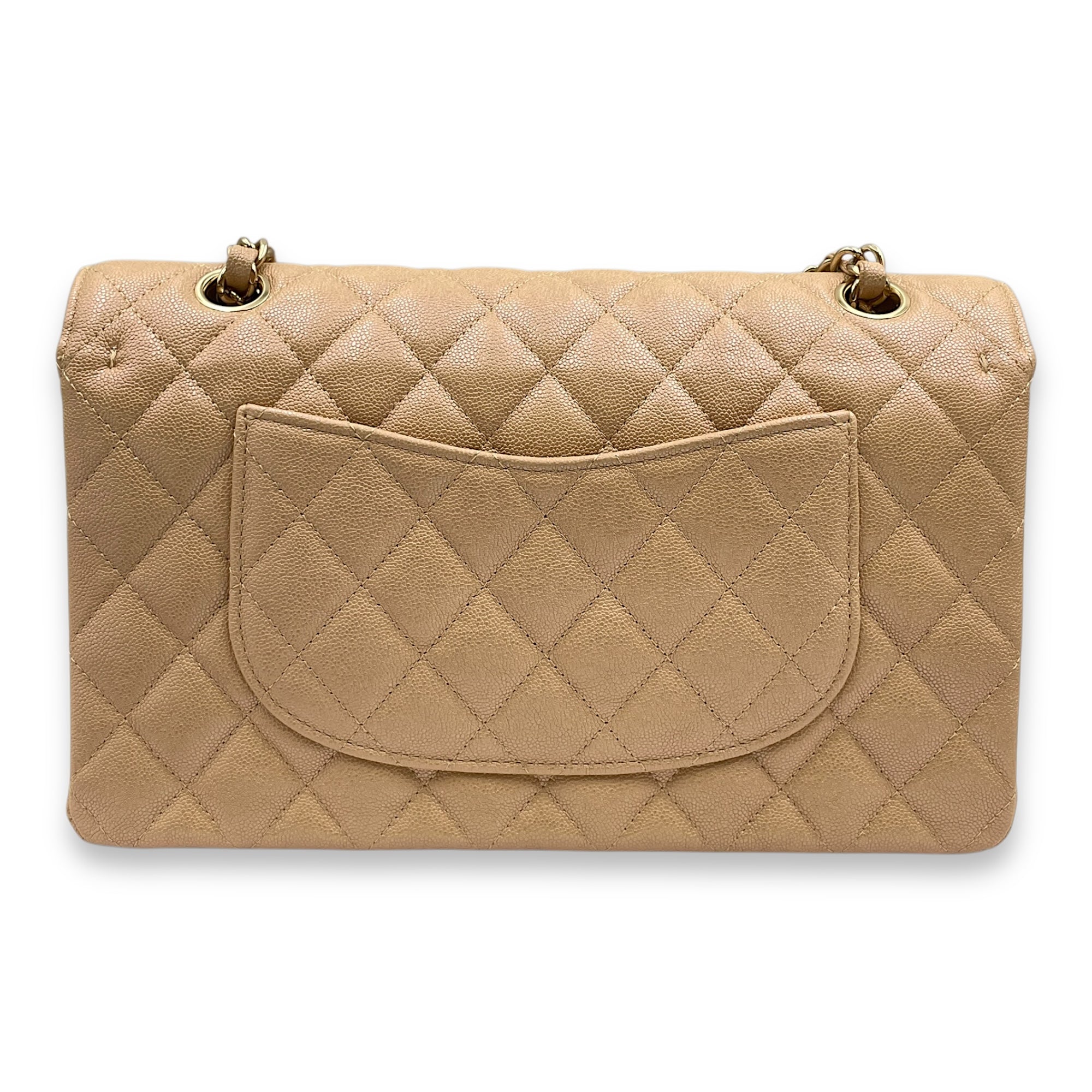 Quilted CC Classic Medium Pearly Beige Double Flap Bag in Caviar Leather, Gold hardware