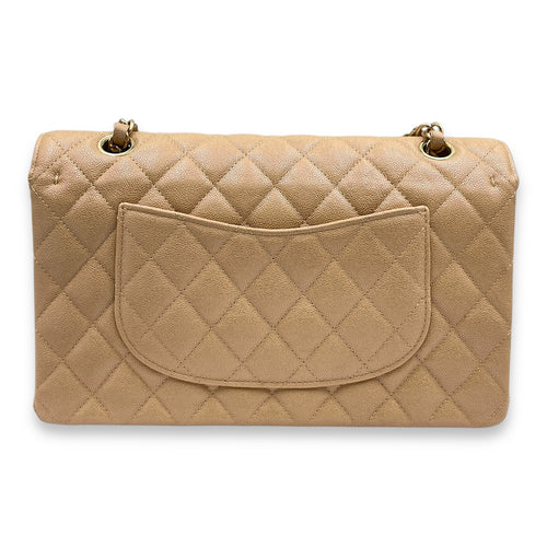 Quilted CC Classic Medium Pearly Beige Double Flap Bag in Caviar Leather, Gold hardware