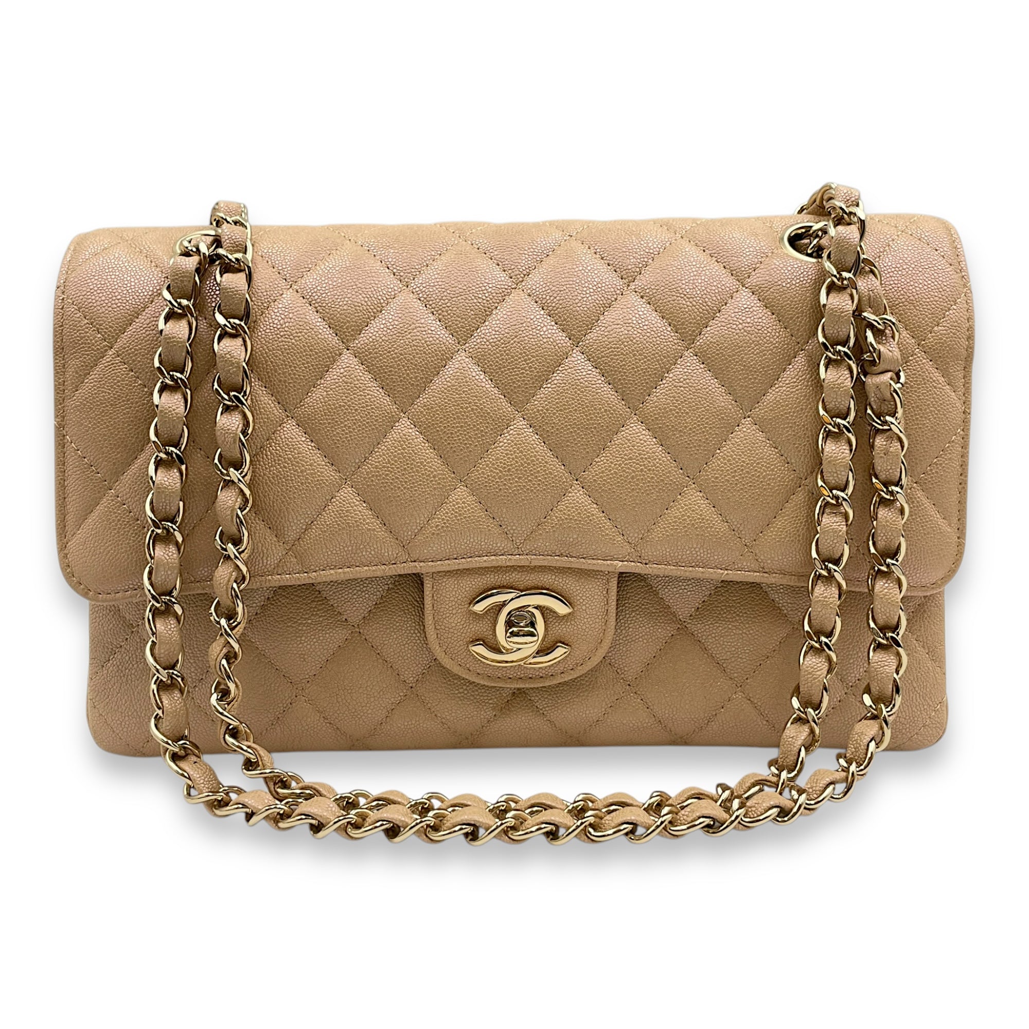 Quilted CC Classic Medium Pearly Beige Double Flap Bag in Caviar Leather, Gold hardware