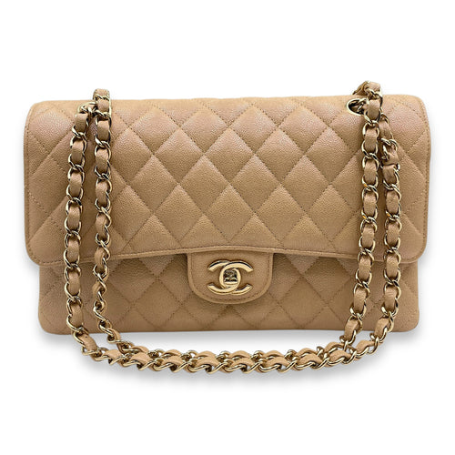 Quilted CC Classic Medium Pearly Beige Double Flap Bag in Caviar Leather, Gold hardware