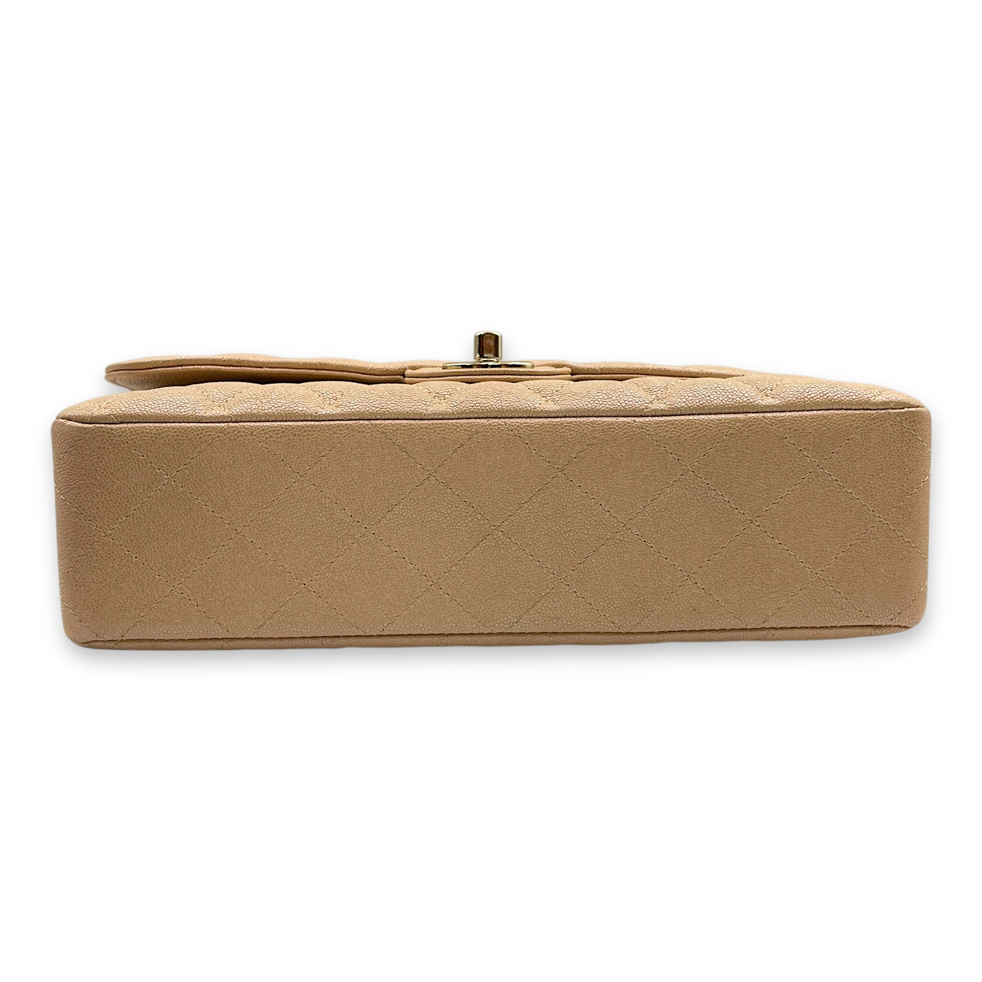 Quilted CC Classic Medium Pearly Beige Double Flap Bag in Caviar Leather, Gold hardware