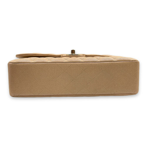 Quilted CC Classic Medium Pearly Beige Double Flap Bag in Caviar Leather, Gold hardware