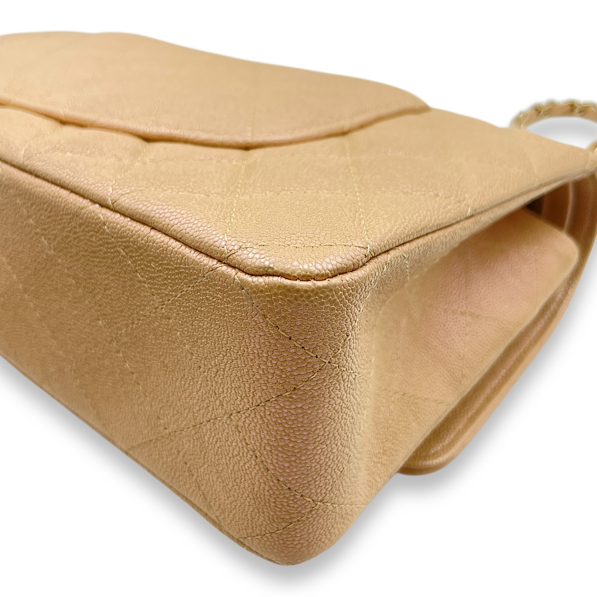 Quilted CC Classic Medium Pearly Beige Double Flap Bag in Caviar Leather, Gold hardware