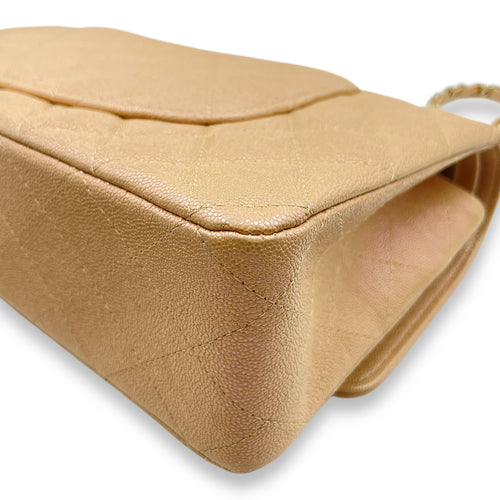 Quilted CC Classic Medium Pearly Beige Double Flap Bag in Caviar Leather, Gold hardware