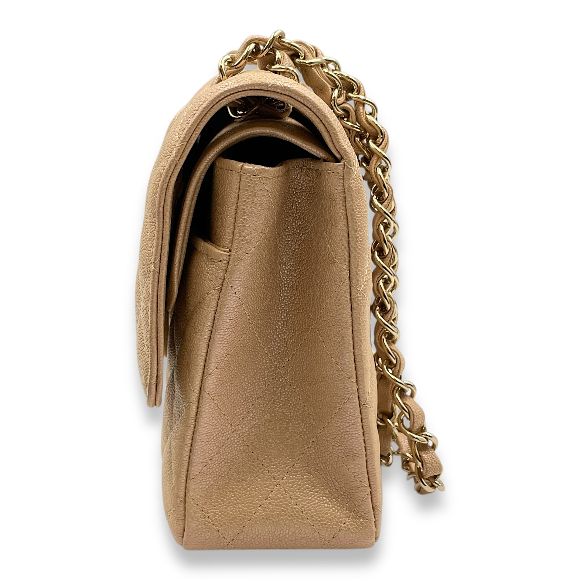 Quilted CC Classic Medium Pearly Beige Double Flap Bag in Caviar Leather, Gold hardware