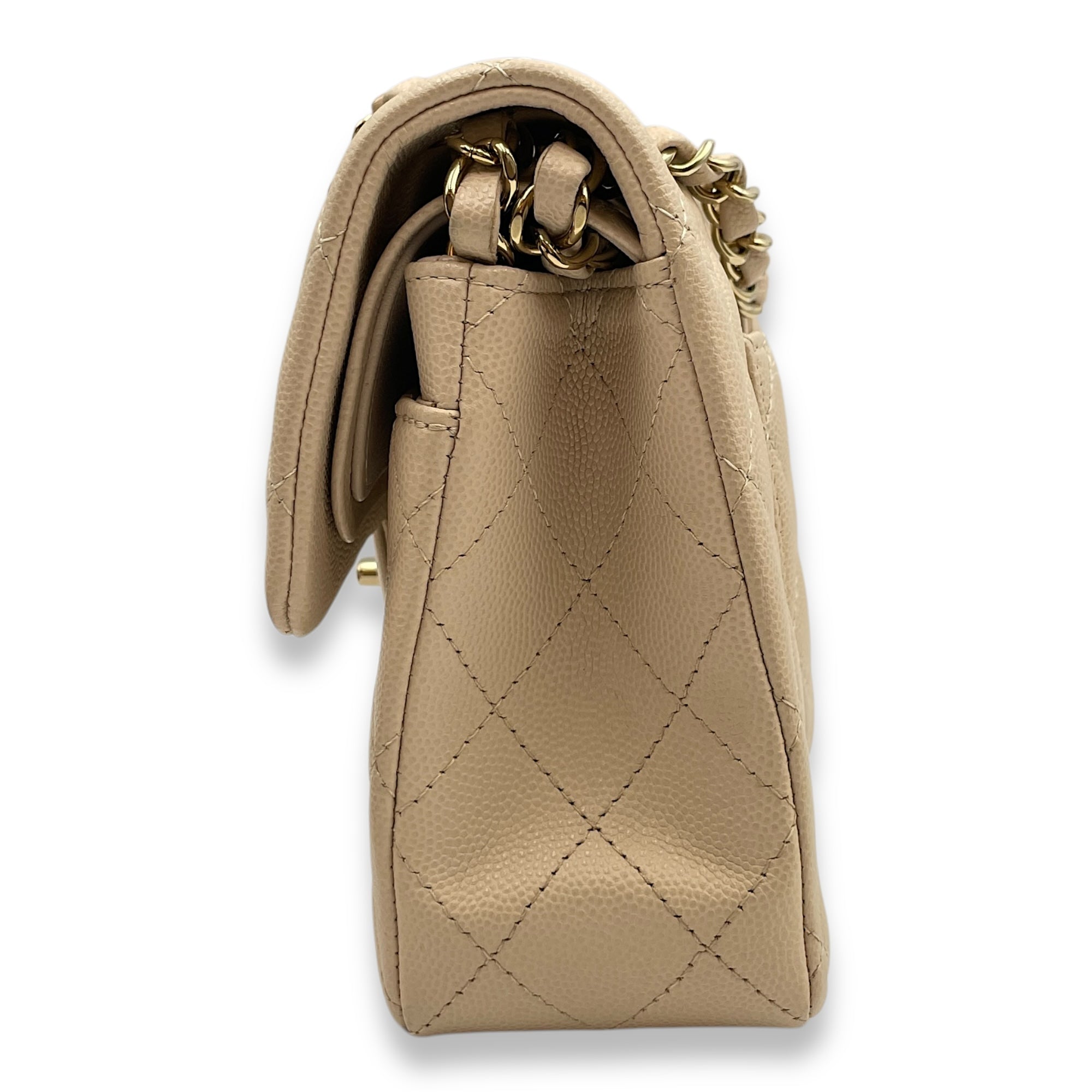Quilted CC Classic Small Beige Double Flap Bag in Caviar Leather, Gold hardware
