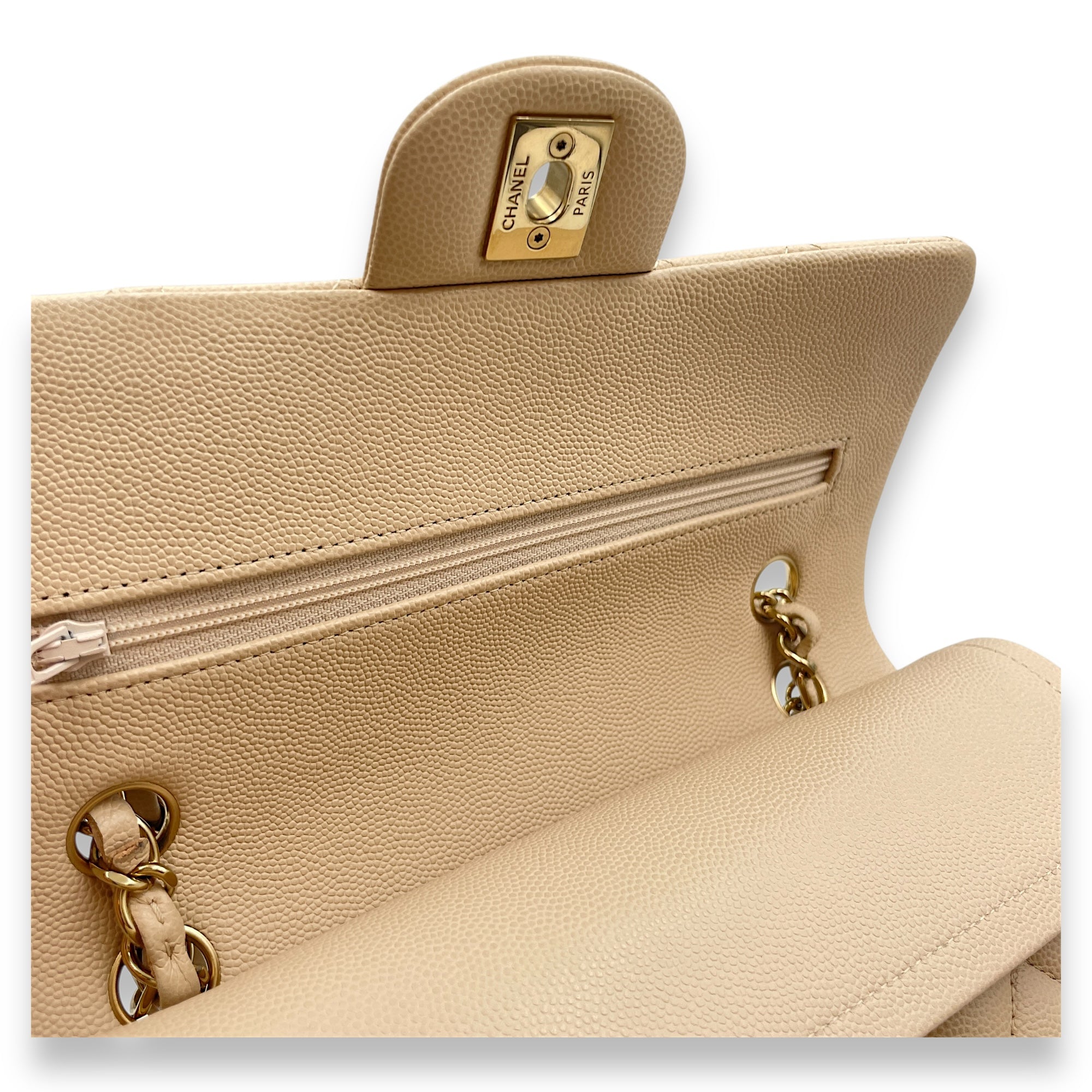 Quilted CC Classic Small Beige Double Flap Bag in Caviar Leather, Gold hardware