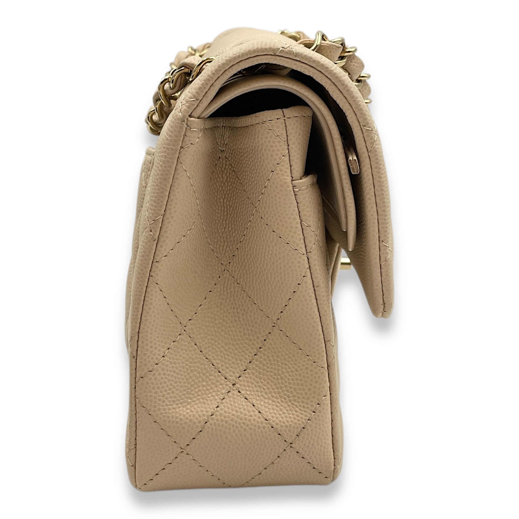 Quilted CC Classic Small Beige Double Flap Bag in Caviar Leather, Gold hardware